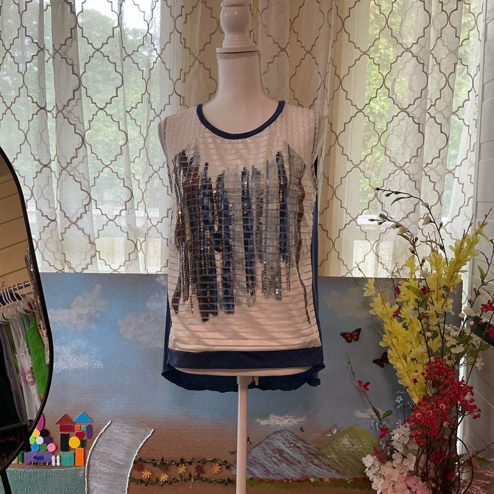 SPANNER Navy and White Patterned Tank Top